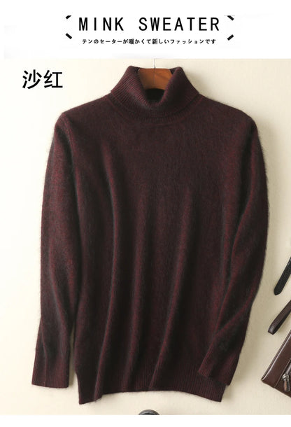 Men's 100% pure Mink Knitted Sweater Turtleneck Large Size Casual Pullover Autumn Winter New Base Shirt Men Warm High Lapels Top
