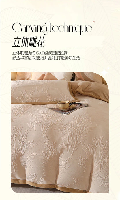 2025 new light luxury high gram weight carved fleece milk fleece bed sheet four-piece set thickened warm bedding winter.