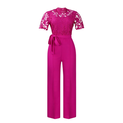 Elegant Jumpsuits & Rompers for Women O Neck Lace Patchwork Short Sleeve Sashes High Waisted Luxury Birthday Party Dinner Outfit