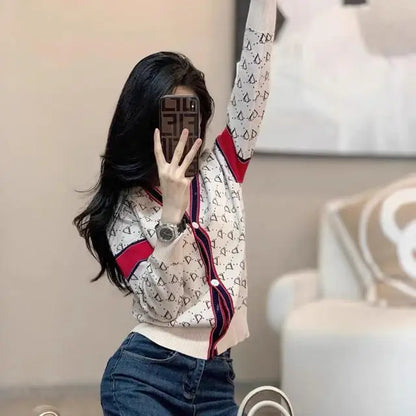 Women Knitwear Fashion Letter Jacquard Thin Cardigan Spring Slim Y2K V-neck Long Sleeve Tops Commute Vintage Sweaters.