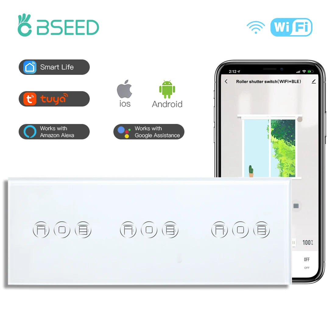 BSEED Wifi Shutter Schalter APP Control Led Smart Blind Serie Weiß Glas Panel Unterstützung Tuya Google Smart Leben Rollladen