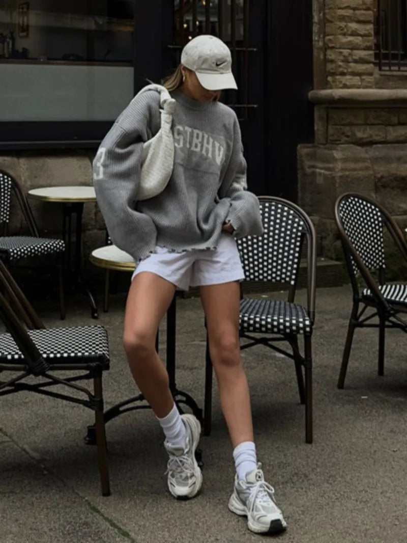Trendy Lose Brief Jacquard Gestrickte Pullover frauen 2025, Herbst Neue Highstreet Grau Schwarz Weichen Pullover Hottie Vielseitige Stücke