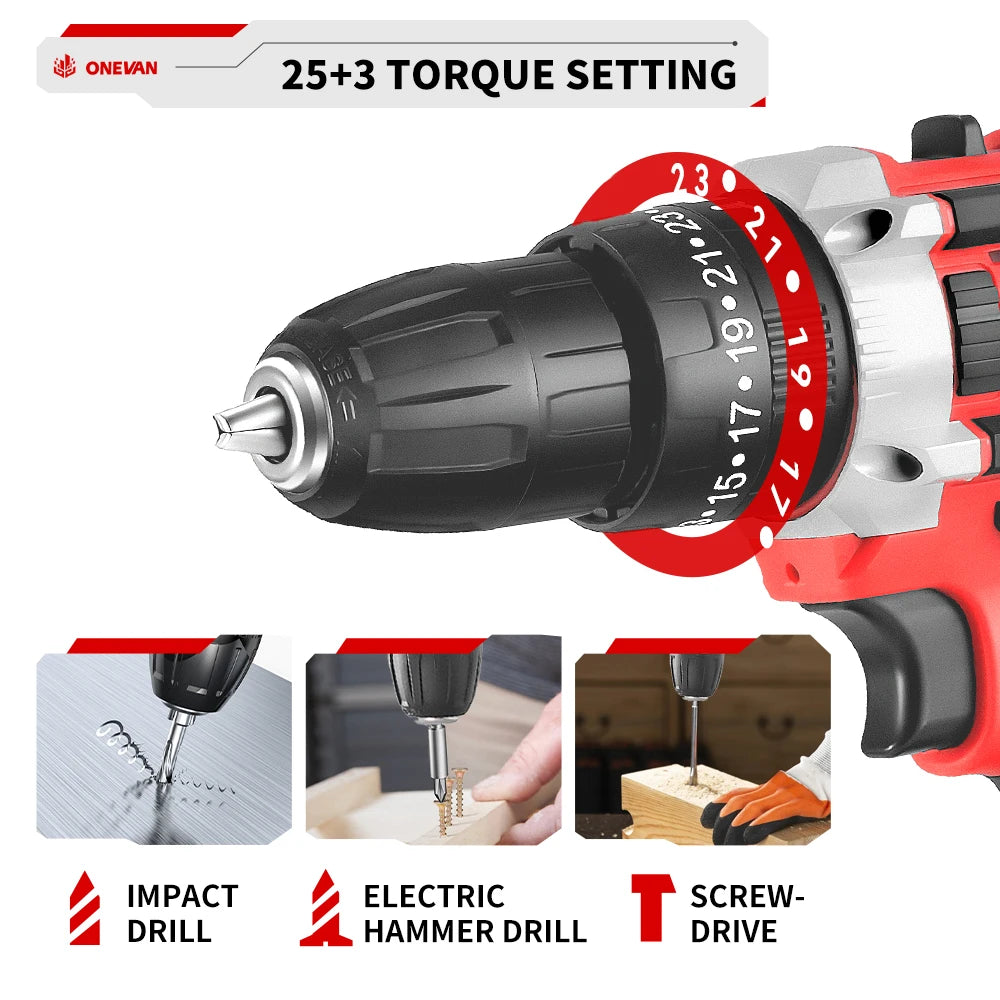 ONEVAN 500W Elektrische Schlagbohrmaschine Set Hammer 38N.M Bohrer Akkuschrauber Holzbearbeitung Elektrowerkzeuge Für Makita Batterie Pin