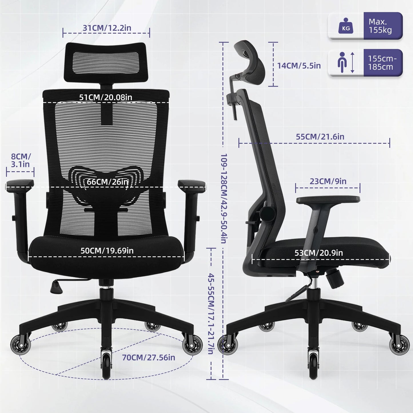 AUTHMIC Ergonomischer Bürostuhl aus Netzstoff, verstellbarer, drehbarer Computer-Schreibtischstuhl mit Liegestuhl 90er ° -135 Lordosenstütze für das Heimbüro