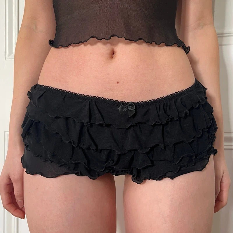 Y2k Multi-layers Ruffle Sheer Shorts Edge Waistband Bow Low Waist Micro Pants Fairy Coquette 00s Cute Mini Shorts Rave Party