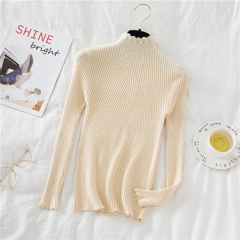 2026 weibliche Dünne Koreanische Strickwaren Tops Herbst Winter Pullover Frauen Hohl-out Pullover Langarm Rollkragenpullover.