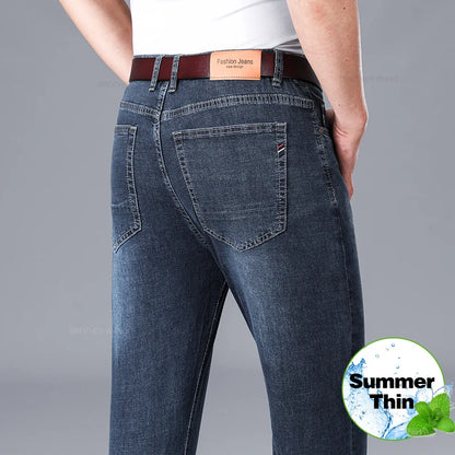 Brand Men's Fashion Summer Thin Jeans Comfortable Stretch Cotton Business Straight Casual Denim Pants Light Gray Blue Pants