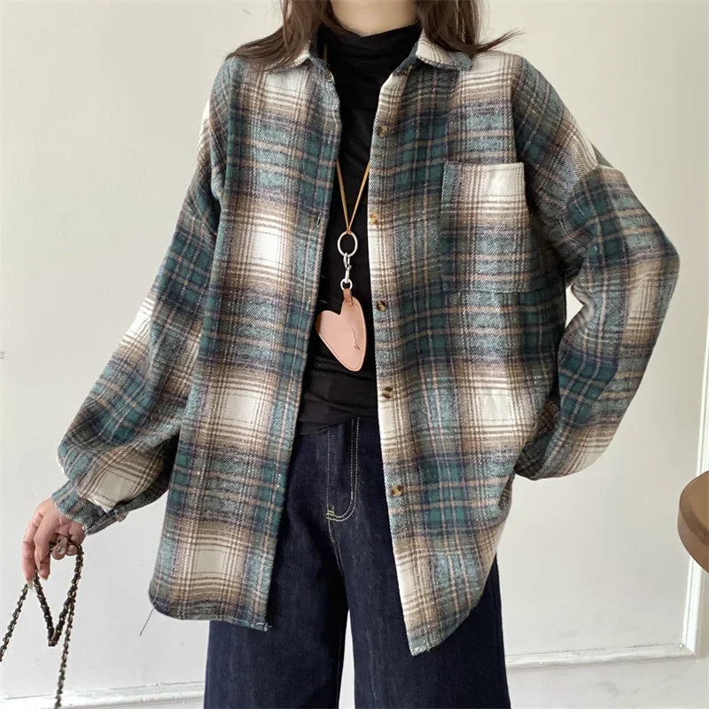 Zjaiss Women Thick Woolen Plaid Blouse Loose Long Sleeved Tops 2025 Autumn Winter New Casual Shirt Long Shirts