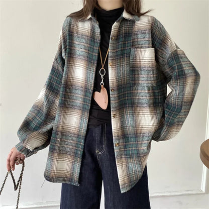 Zjaiss Women Thick Woolen Plaid Blouse Loose Long Sleeved Tops 2025 Autumn Winter New Casual Shirt Long Shirts