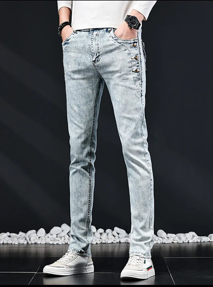 Slim Skinny Jeans Men New Elastic Korean Design Fashion Multi-Button Blue White Vintage Wash Cotton Stretch Denim Pants Trousers.