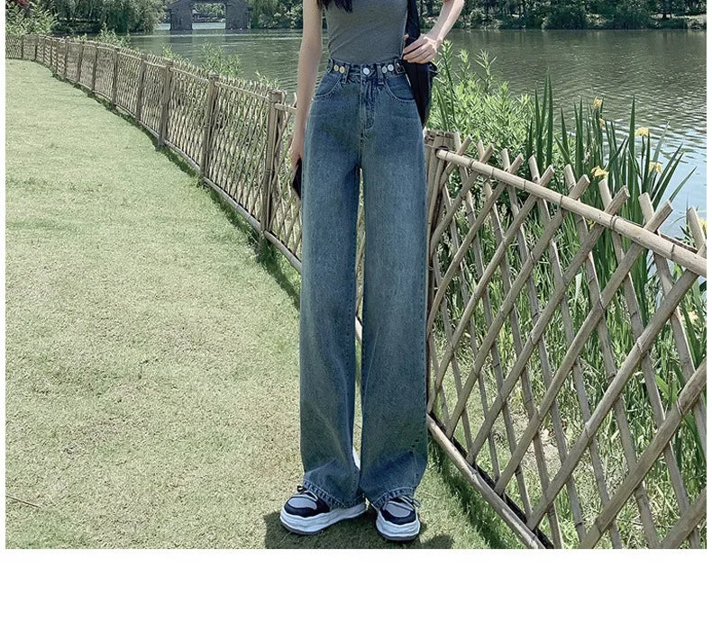 High Waist Straight Leg Jeans Women's Summer New 2025 Small Size Wide Leg Loose Drapey Slimming Floor-Length Pants.