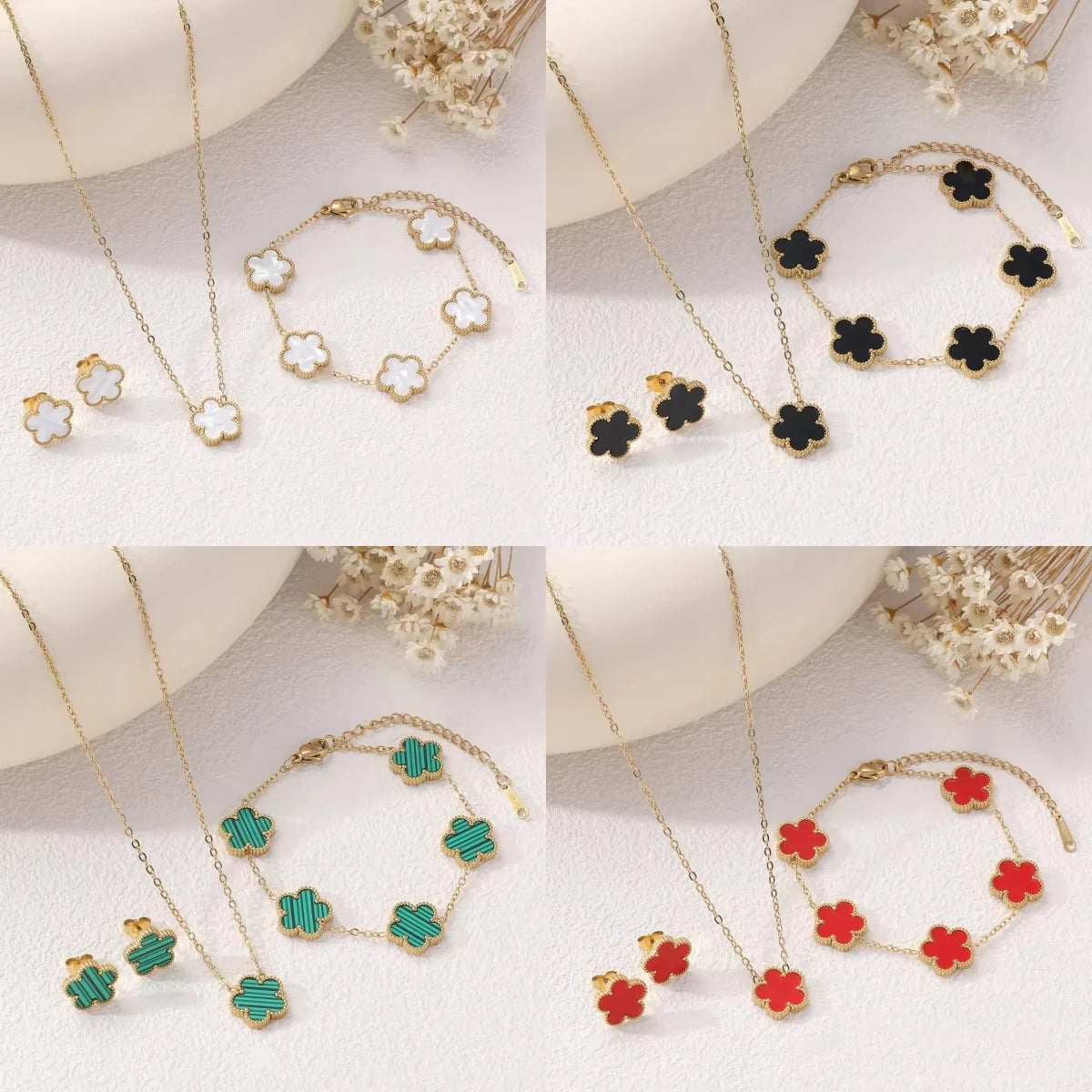 3Pcs Luxury Black Red Green White Plum Blossom Plant Five Leaf Flower Necklace Earrings Bracelet Jewelry Sets For Women.