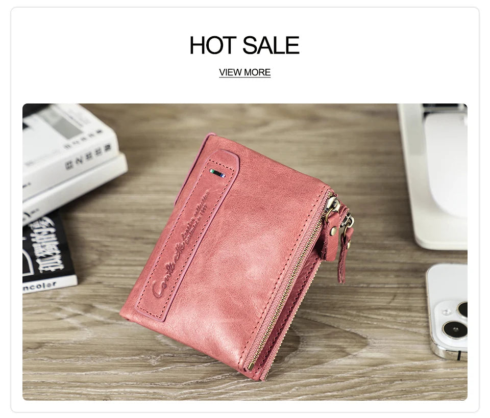 Fashion Genuine Leather Women Wallet Bi-fold Wallets Red ID Card Holder Coin Purse With Double Zipper Small Women's Purse 2022