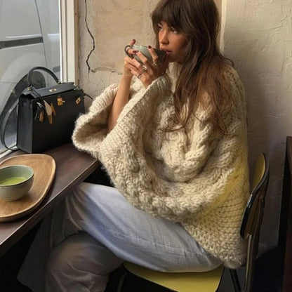 Oversize Stricken Pullover Frauen Casual Faul Rundhals Knick Solide Pullover Weibliche Herbst Winter Lose Ärmeln Strickwaren Dame