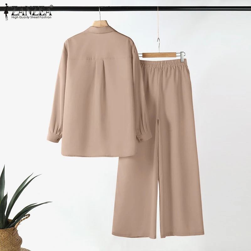 ZANZEA Fashion Women Casual Trousers Suits 2PCS Autumn Long Sleeve Blouse Solid Wide Leg Pants Sets Loose Work Tracksuit Outifit