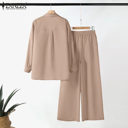 ZANZEA Fashion Women Casual Trousers Suits 2PCS Autumn Long Sleeve Blouse Solid Wide Leg Pants Sets Loose Work Tracksuit Outifit