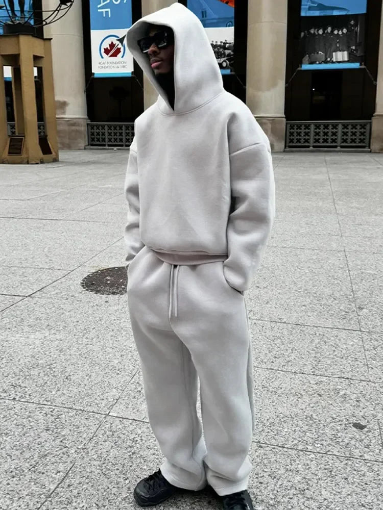 Solid Couple's Hooded Sweatshirt 2 Piece Set Casual Loose Sweatpants Suit Autumn Male Jogging Sweatshirt Trousers Outfits Suits.