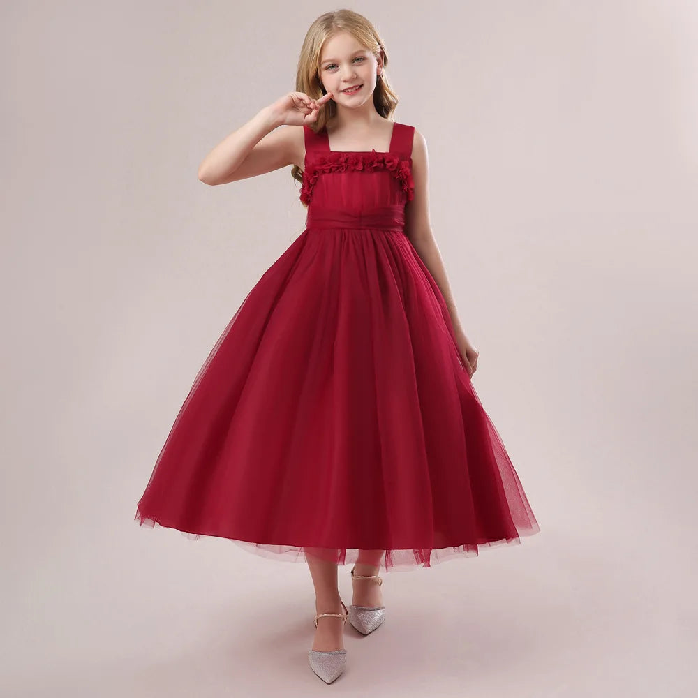 Mädchen Partykleider Weiß Langes Hochzeit Brautjungfer Prinzessin Kleid Abend Tüllkleid Abschlussball Klavier Performance Kleid.
