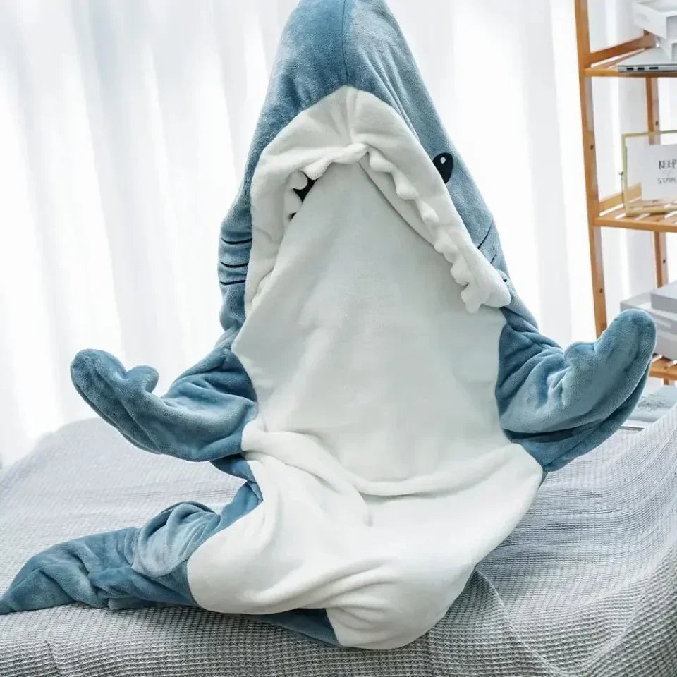 Shark Cartoon Sleeping Bag Adult Pajama Hooded Warm Flannel Blanket Funny Homewear Super Soft Onesie Sleeping Bag Winter Warm.