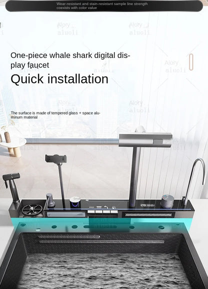 Kitchen 304 Stainless Steel Waterfall Sink, Large Single Slot, Digital Display Embossed Washing Basin Household Dishwashing Sink