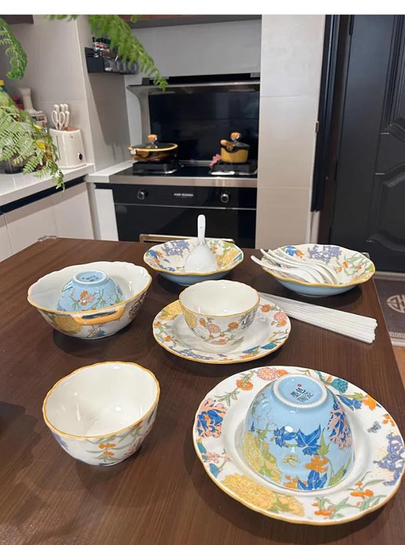 1PC Chinese-style Ceramic Plates New Flower-patterned Dinner Plates Ceramic Fruit Salad Plates Exquisite Kitchen Accessories.