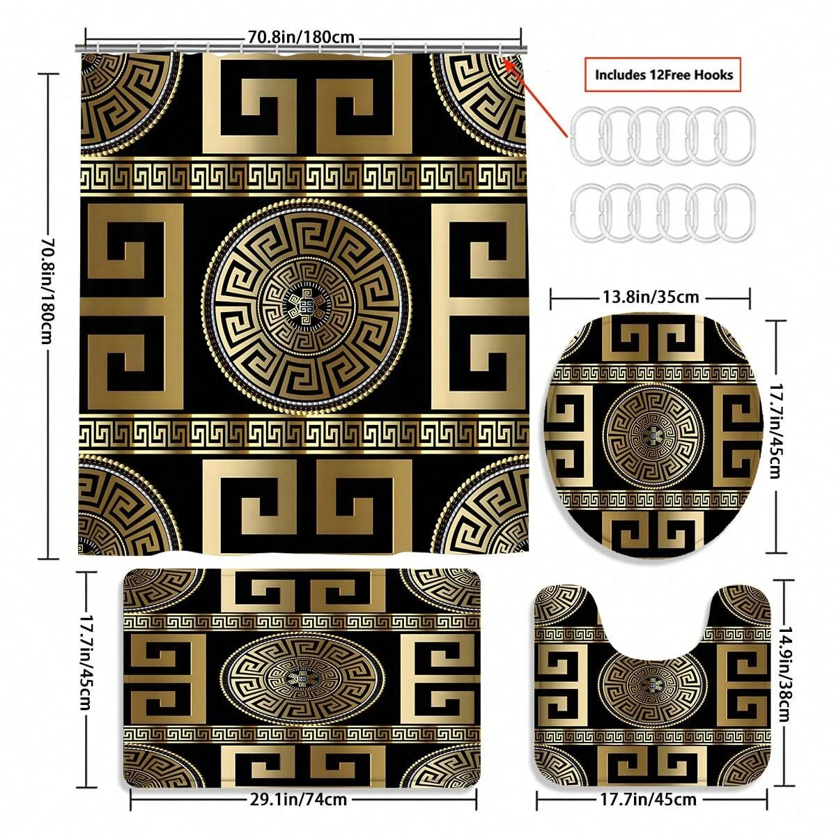 4-teiliges Badezimmer-Set, wasserdichter Stoff-Duschvorhang im Palast-Stil mit 12 Haken, rutschfeste Badezimmermatte, U-förmige Toilettendeckelabdeckung