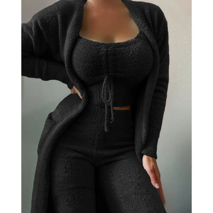 Pajama Woman Winter  Fluffy Pajamas Set for Women Casual Solid Sleepwear 3 Pieces Suit Long Pants Homewear Pijama.