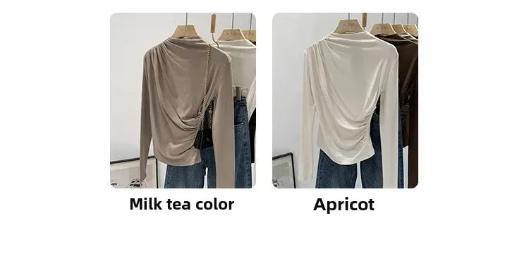Early Autumn Pure Color High Neck Pleated Slim Fit Sexy Base Shirt Women's Fashionable Crew Neck T-shirt Full Sleeve China Origi.