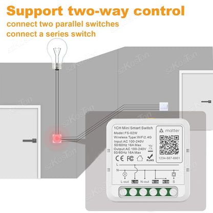 Matter WiFi Smart Switch für Homekit Smartthings Home Assistant 16A Smart Home Automation Relaismodul Funktioniert mit Alexa Google.