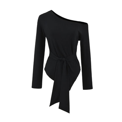 Sexy Long Sleeve T-Shirt Women's Waist Cinched Shoulder Bared Strap Design Autumn 2025 Irregular Halter Neck Top for Trendy Girl.