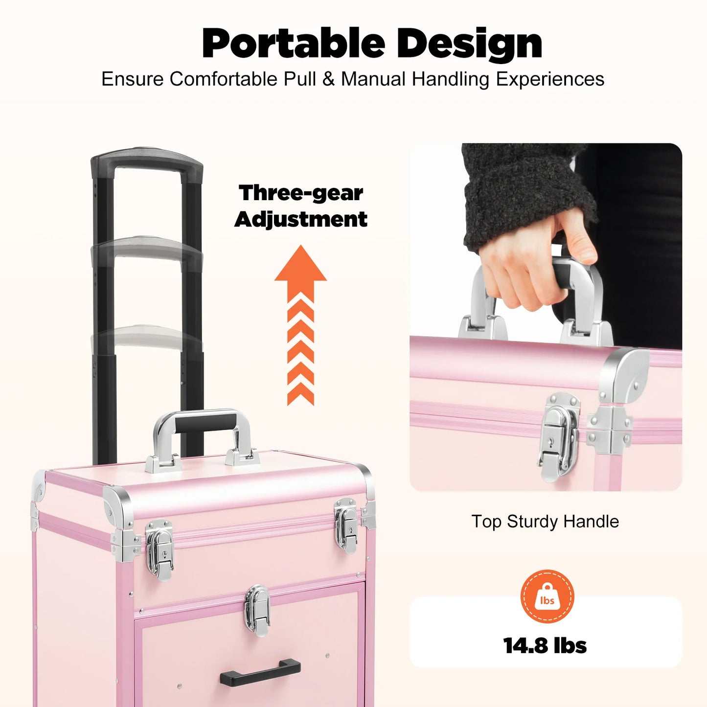 3 in 1 Rolling Makeup Case with Drawer, Large Makeup Case Organizers, Profesional Cosmetic Case for Salon Barber, Light Pink.