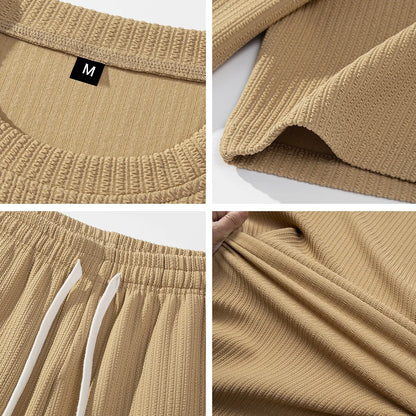 2-piece men's short sleeved shorts set, made of jacquard fabric suitable for fitness, running, and outdoor leisure activities.