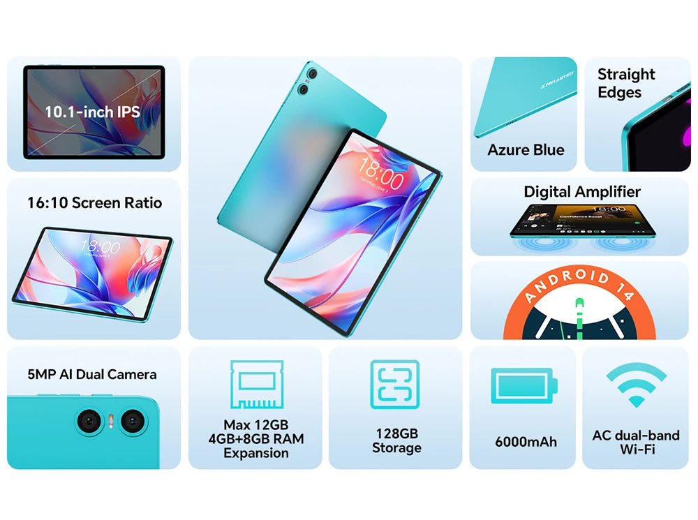 Teclast P30 Tablet Android 14 Max 12GB(4GB+8GB Expansion) RAM 128GB ROM 10.1" Tablets Unisoc T606 8-Core 6000 mAh AI Dual Camera.