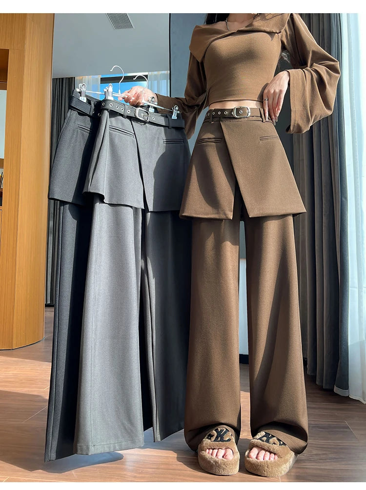 Design Style Fake Two-piece Curtain Suit Pants Women Fall High Waisted Wide Leg Trouser Office Ladies High Quality Straight Pant.