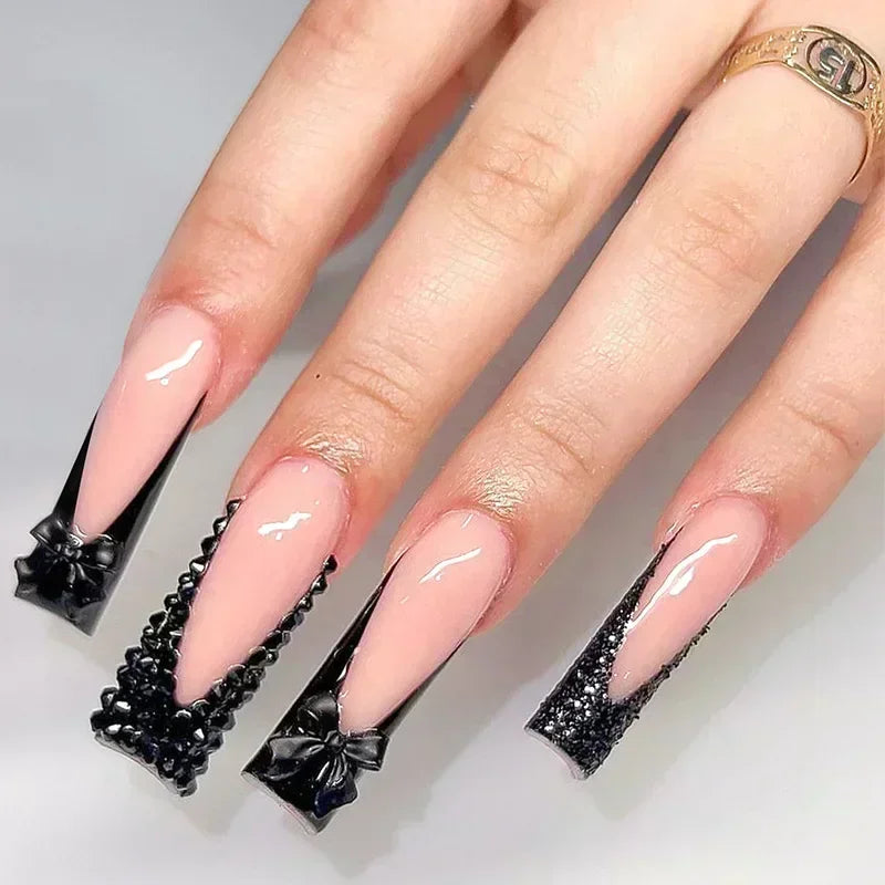 24Pcs 3D Long Ballet False Nails White Coffin Wave with French Design Wearable Fake Nails Gold Line Full Cover Press on Nails.