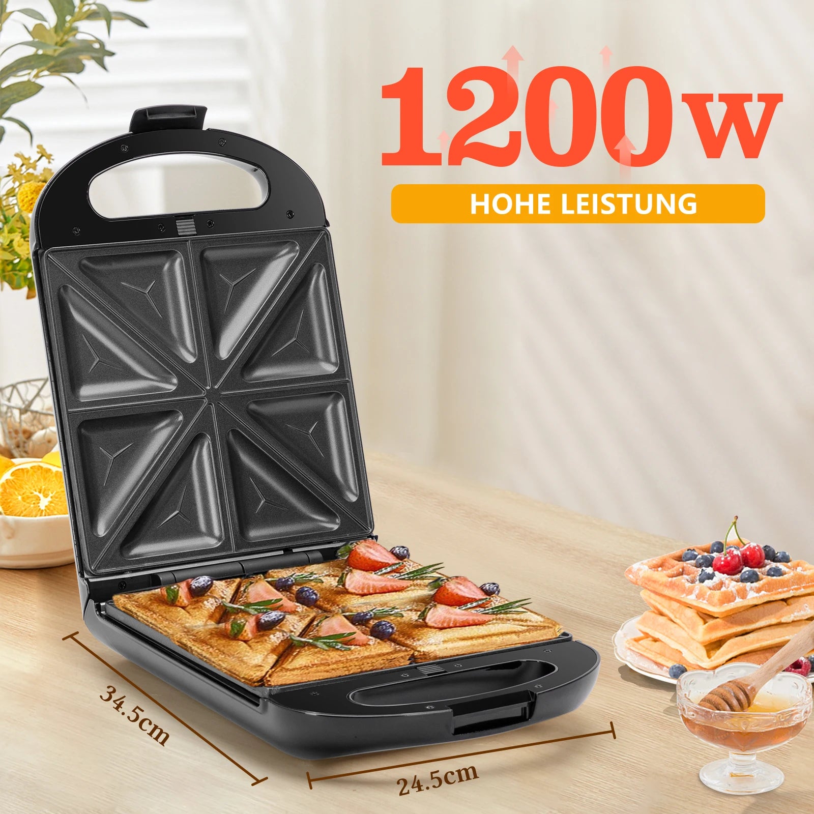 TAYLOR SWODEN 3-in-1 sandwich maker, waffle iron, baking tray, 1200 W, for 4 sandwiches, removable non-stick tray, 180° rotation.