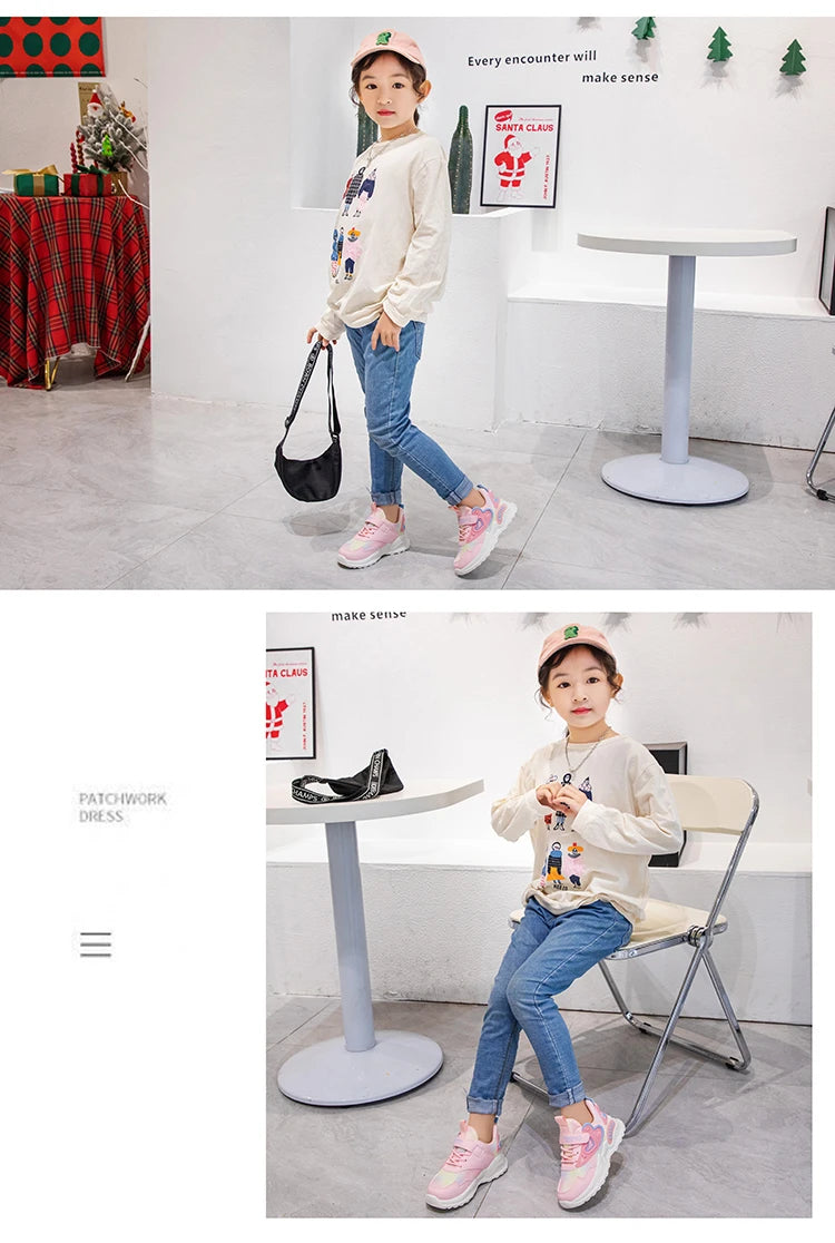 Girls Sports Shoes Kids Running Shoes Pink Breathable Air Mesh Heart Sweet Sneakers Cute Hook & Loop Children's Casual  Shoes.