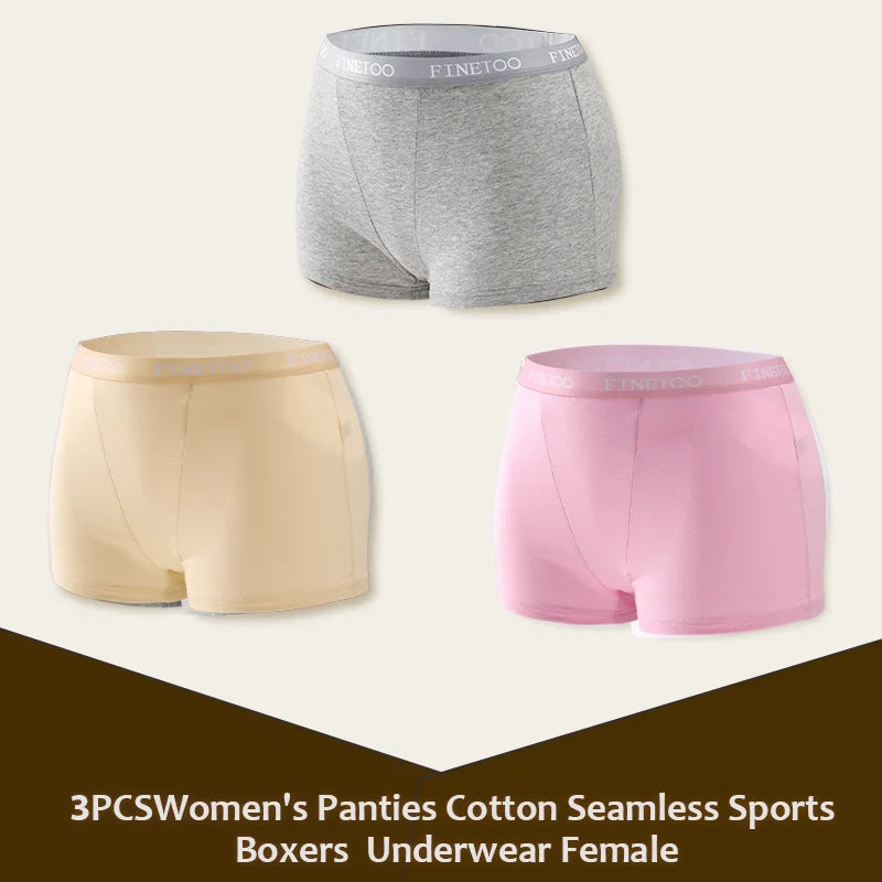 3Pcs Women's Panties Cotton Seamless Sports Boxers Underwear Female Solid Color Briefs Lingerie Intimate Underpant Finetoo S-XXL