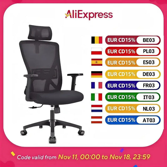 Durrafy Ergonomischer Bürostuhl, Bürostühle, Schreibtischstuhl mit verstellbarer Kopfstütze, Armlehnen, 150 kg Tragfähigkeit, Schwarz