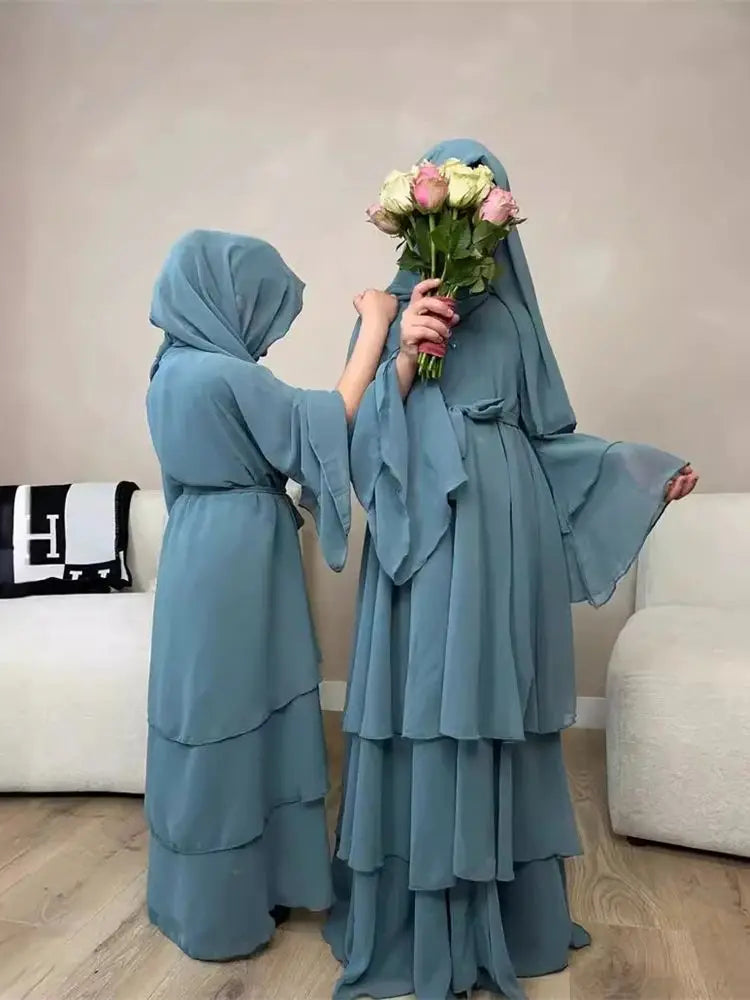 Summer Modest Kaftan Hijab Dresses For Women Kids Open Chiffon Khimar Kimono Abaya Dubai Luxury Muslim Sets Islam Kebaya Damen.