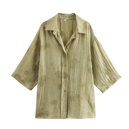 Women Print Long Pants Sets For Women Lapel Half Sleeve Single Breasted Shirts + High Waist Lace-Up Wide Leg Pants