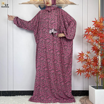 New Muslim Long Sleeved Cotton For Women Ramadan Prayer Turkey Middle East Femme Robe Floral Loose African Abaya Dress Scarfs