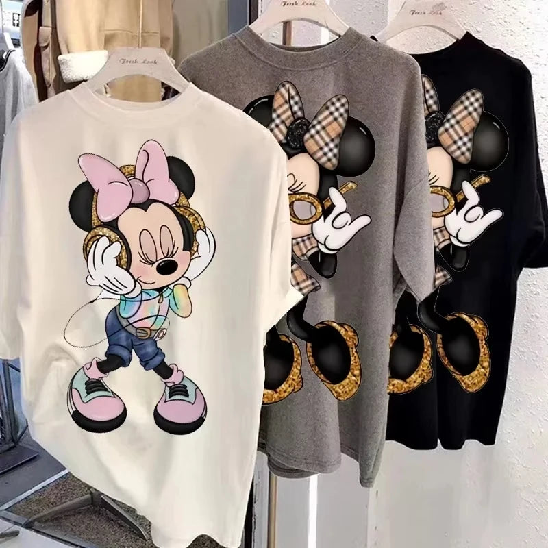 Disney New Minnie Kawaii Fun Damen bedrucktes T-Shirt Mode Sommer Cartoon Minnie Top Y2K Damen Extra großes Baumwoll-T-Shirt