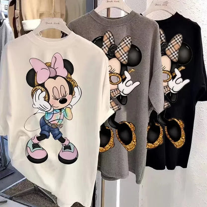 Disney New Minnie Kawaii Fun Damen bedrucktes T-Shirt Mode Sommer Cartoon Minnie Top Y2K Damen Extra großes Baumwoll-T-Shirt