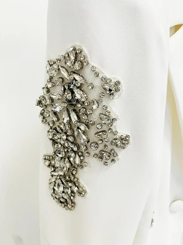 HIGH QUALITY Newest 2025 Designer Suit Women  Beaded Diamonds Single Button Suit Blazer Wide-leg Pants Set 2PCS.