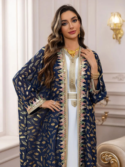 Muslim Abaya 3 Piece Set Women Party Dresses Cardigan Robe Sashes Suit Bronzing Jalabiya Ramadan Morocco Dubai Kaftan Vestidos.