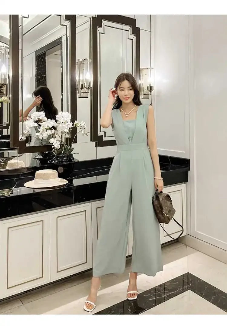 Slimming High Waist Wide Leg Pants Korean Style Fashionable Women's One-Piece Jumpsuit Summer New Arrival Simple Elegant