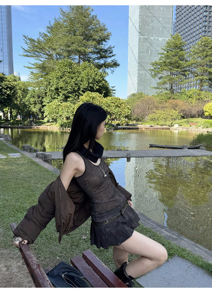 Lautaro Spring Summer Cool Washed Distressed Soft Pu Leather Mini Pleated Skirt Women High Waist Belt Luxury Designer Clothes.