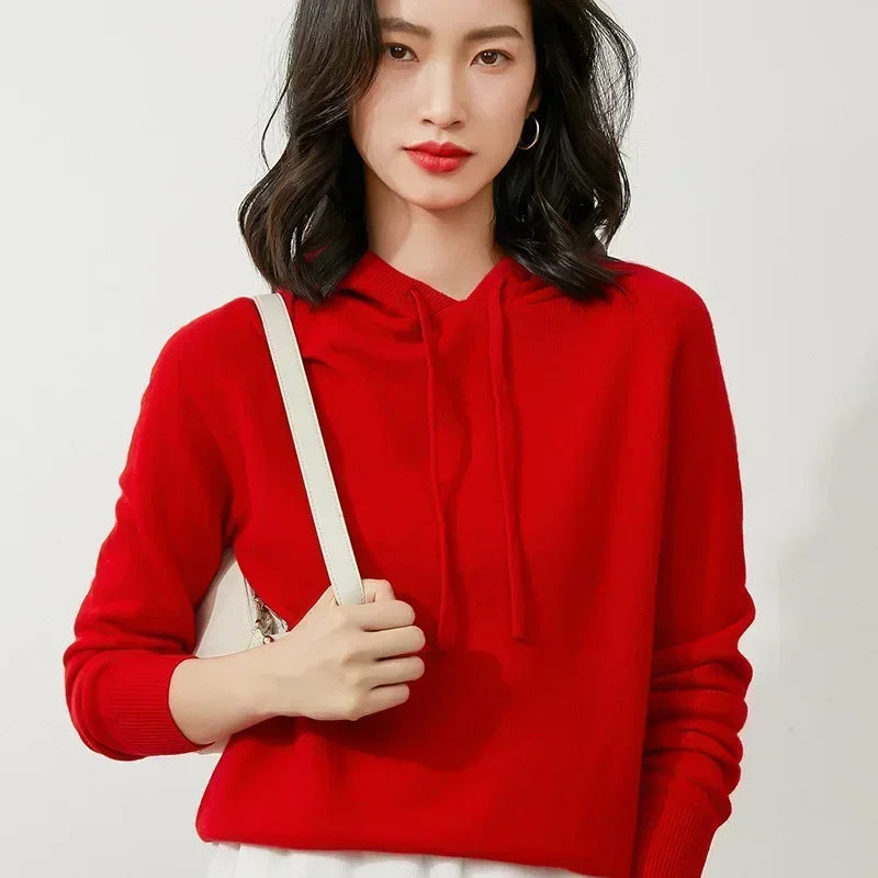 Women's Autumn and Winter New Casual Hoodies Sport Loose Hooded Knitted Hoodie Pullover Sweater