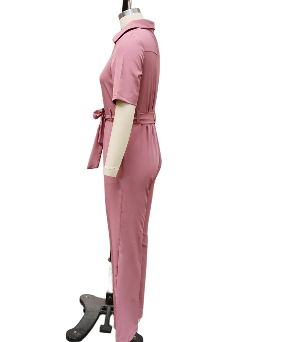 New Spring Summer Women Jumpsuits, Elegant Office Lady Jumpsuit Solid Color Belt Short Sleeve Casual Overalls Wide Leg Pants.